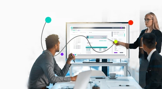 service header - a woman presenting something on a screen in a board room